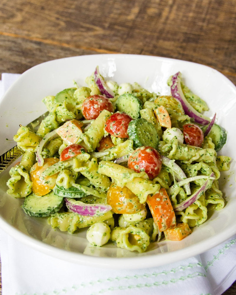 Creamy Pesto Pasta Salad-Tomatoes, Cucumbers, & Red Onions