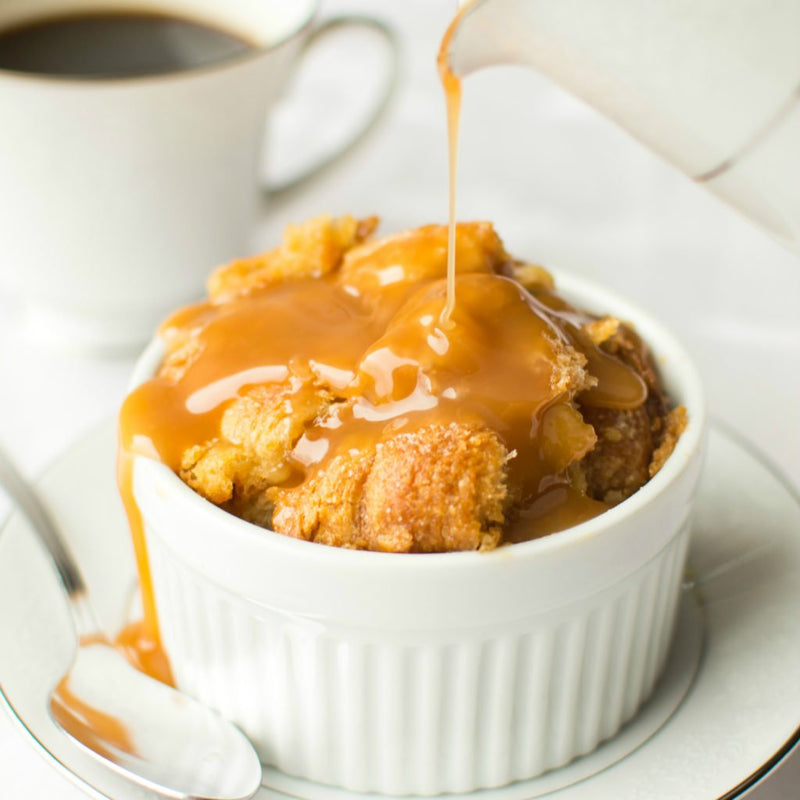 Croissant Bread Pudding with White Chocolate Chips & Caramel Sauce